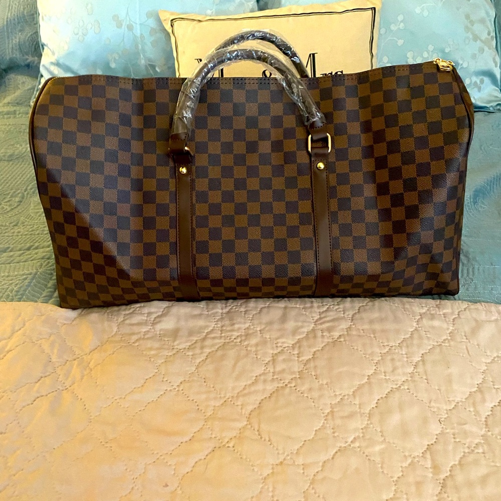 Duffel Overnight Bags - Checkered Vegan Leather- BROWN designer inspired used 1X